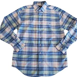 Vineyard Vines Men's Shirt Long Sleeve Classic Tucker Green Blue Plaid Whale M